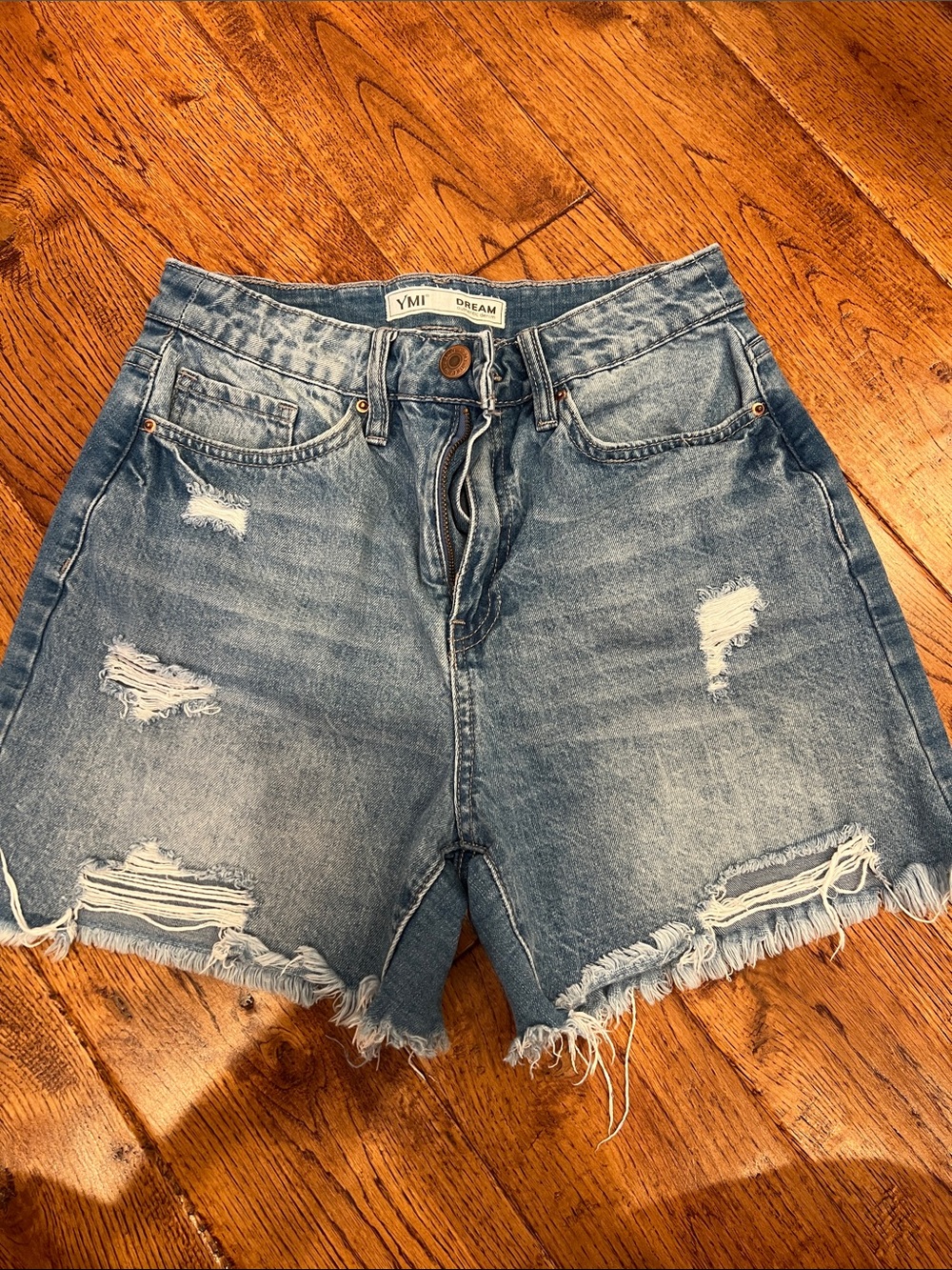 YMI Dream Light Blue Distressed High-Rise Denim Shorts
